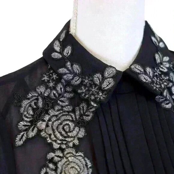 Ted Baker London Black Chiffon Long Sleeve Embroidered Mini Dress Size 0 - Picture 9 of 11